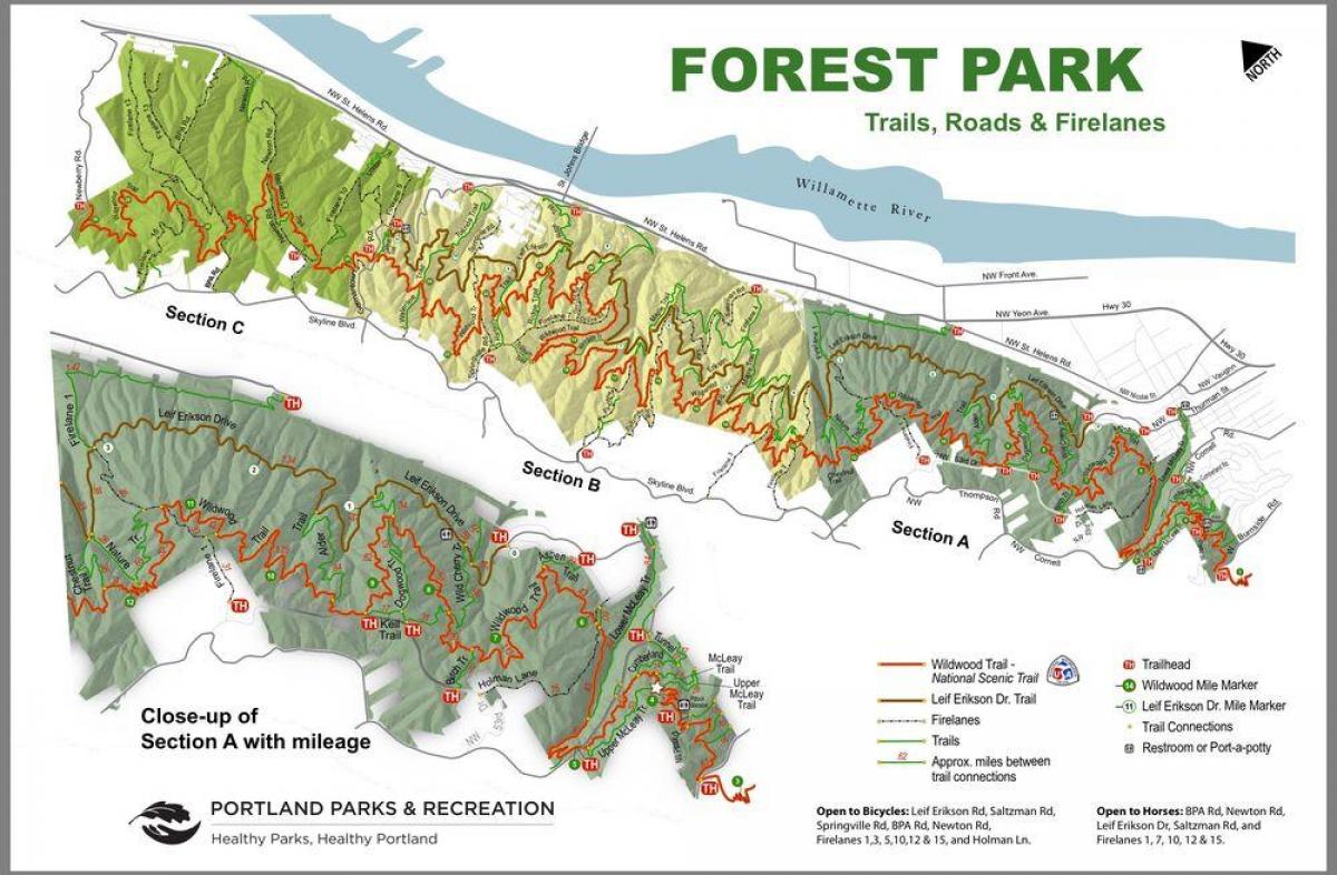 mapa do Parque Florestal de Portland-Oregon